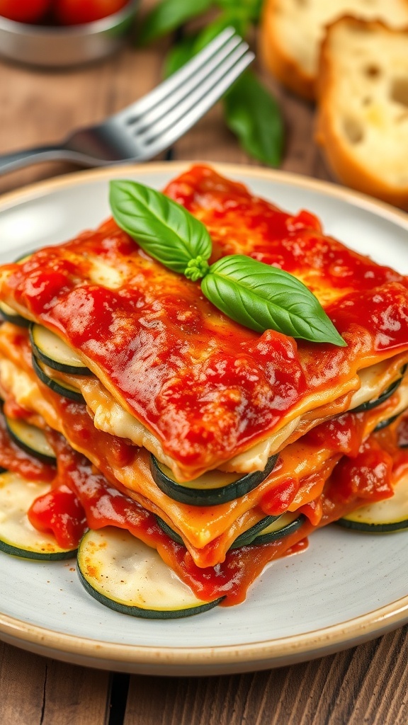 A serving of vegetable zucchini lasagna with marinara sauce and cheese, garnished with basil, on a wooden table with garlic bread.